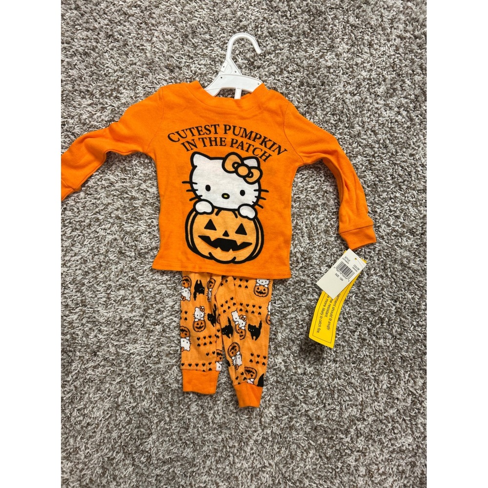 Hello Kitty Halloween 2 piece Pajama Set Orange Pumpkin Black Cat 12M 
NWT